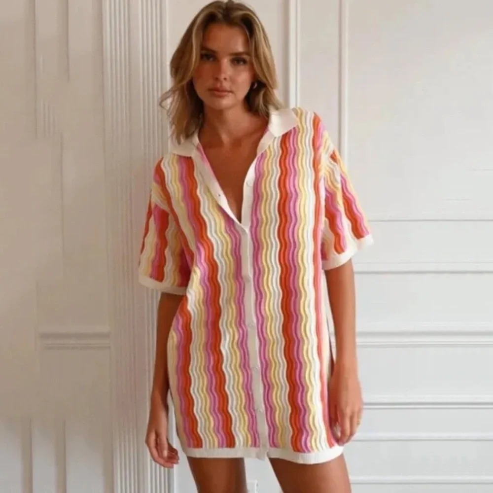 YLLW The Label Felix Knit Striped Mini Dress in Sorbet Size S/M - Picture 2 of 13